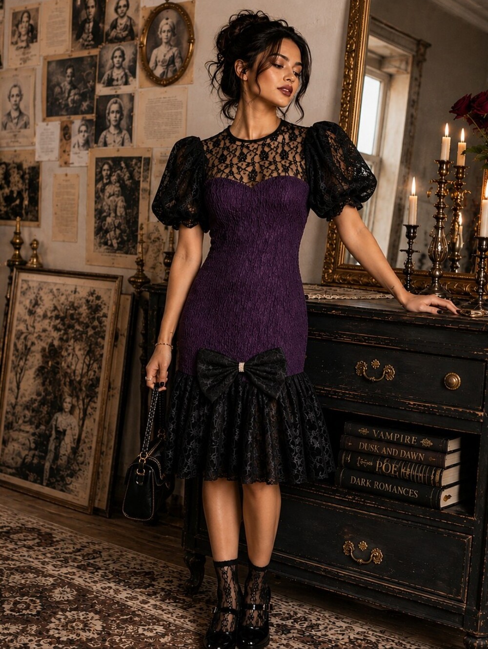 Vintage 80s Black Lace Evening Dress Sz Small Purple Puff Sleeve Gothic Bow